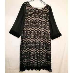R&M Richards Black Stretch Lace Illusion Dress Sequins Sheer 3/4 Sleeves Size 14